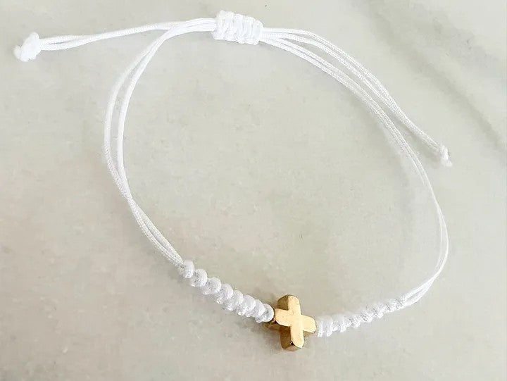 Gold Cross White Cord Bracelet