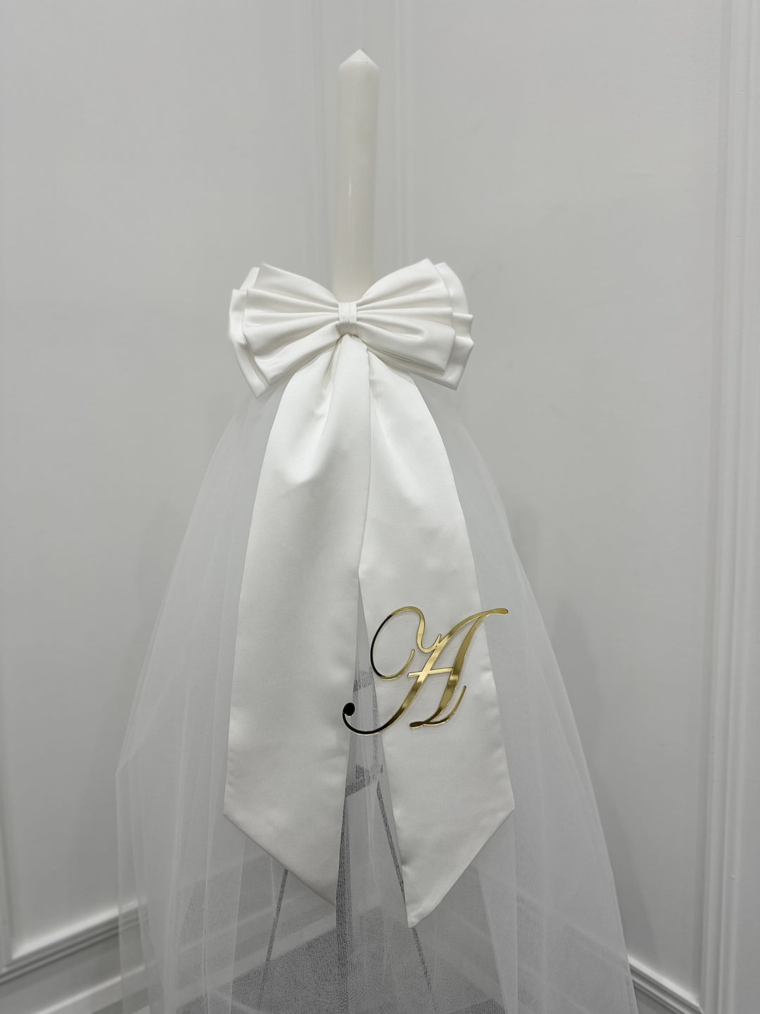 Orthodox Candle with Tulle, Bow & Personalised Initial