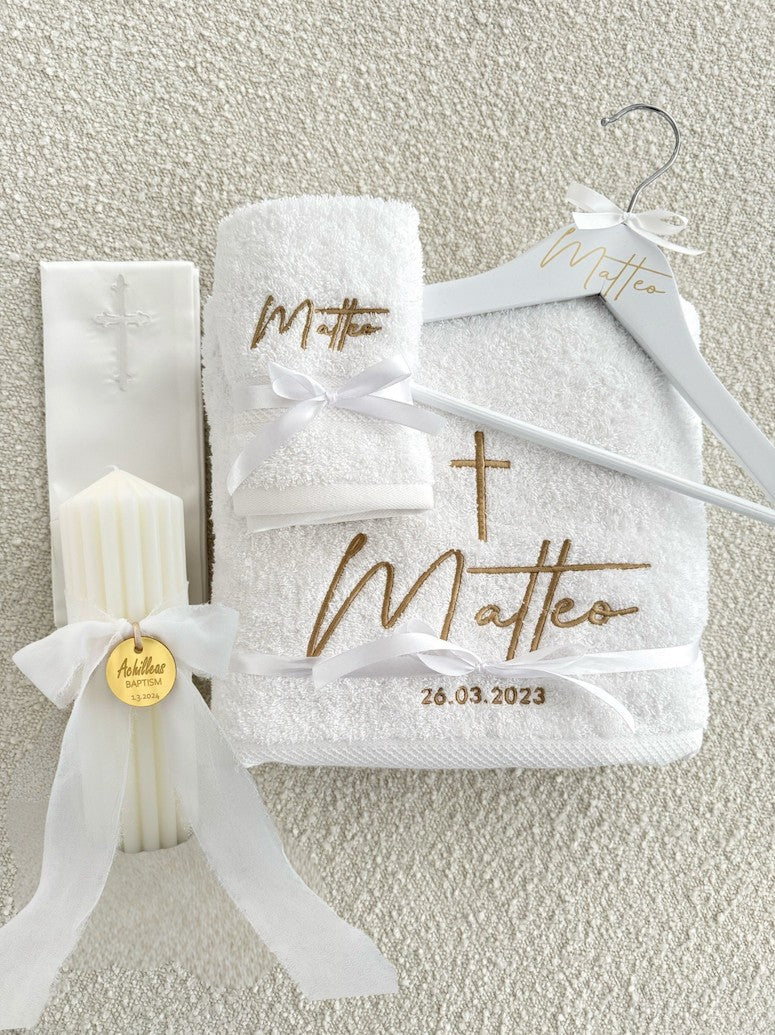 Catholic Ribbed Candle, Towel, Stole & Hanger Set