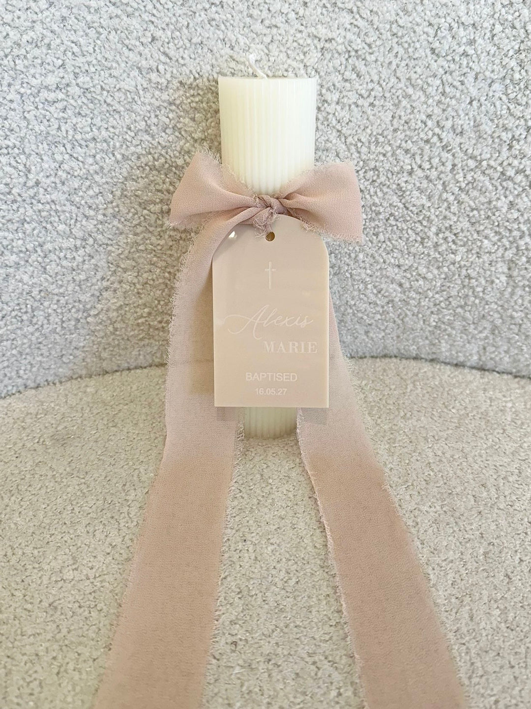 Catholic Hourglass Ribbed Candle with Personalised Acrylic Tag PBRC20