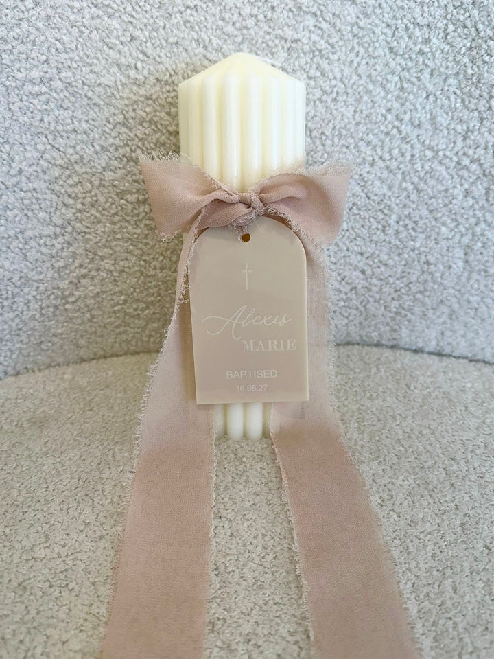 Catholic Ribbed Candle with Personalised Acrylic Tag PBRC10