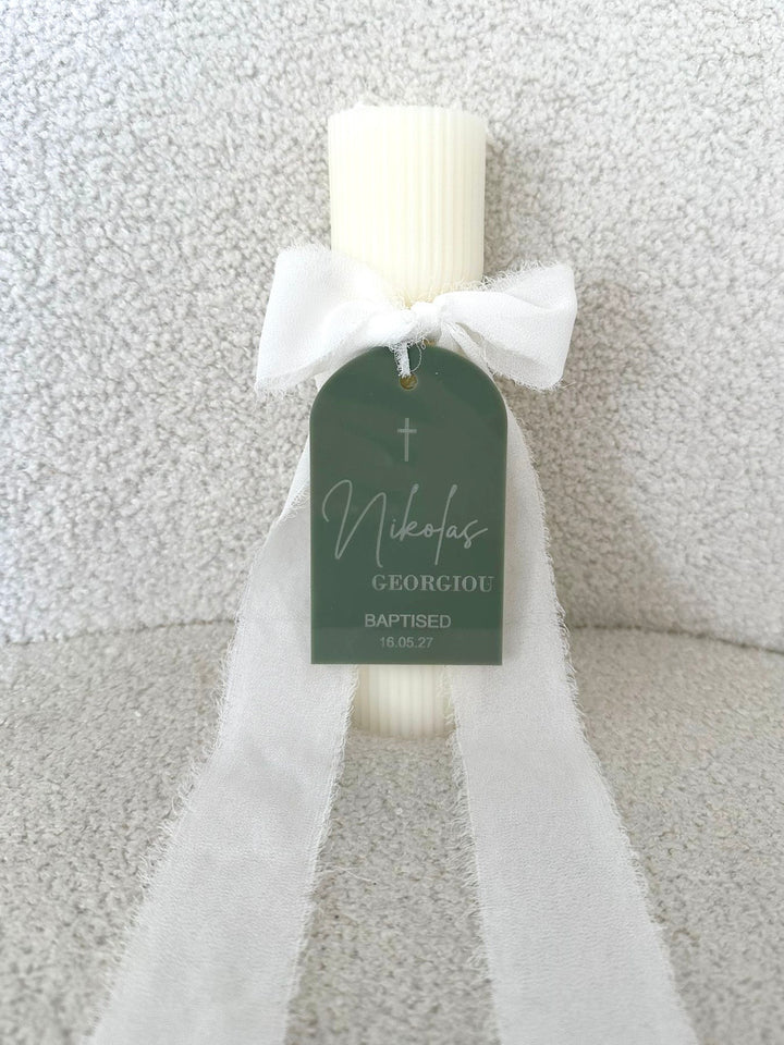 Catholic Hourglass Ribbed Candle with Personalised Acrylic Tag PBRC20