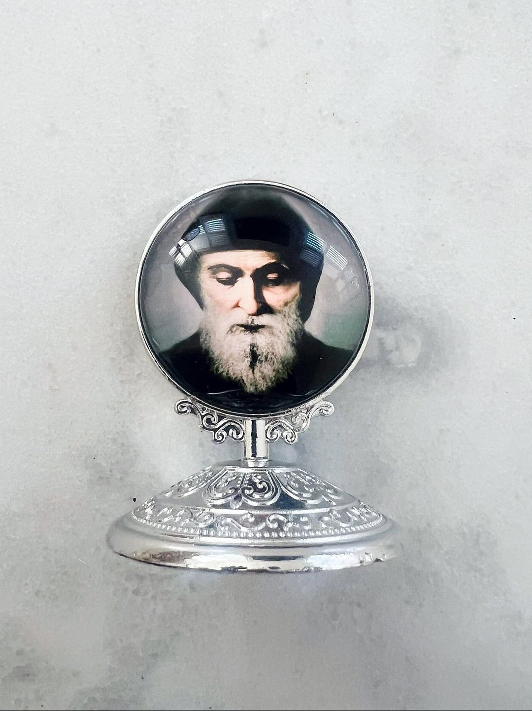 Saint Charbel on Ornate Silver Stand