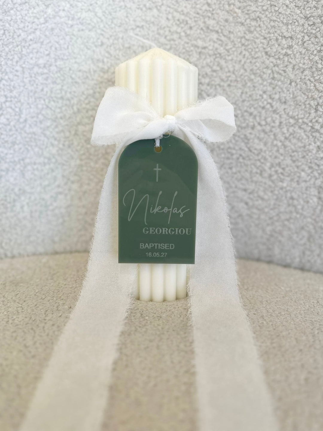 Catholic Ribbed Candle with Personalised Acrylic Tag PBRC10
