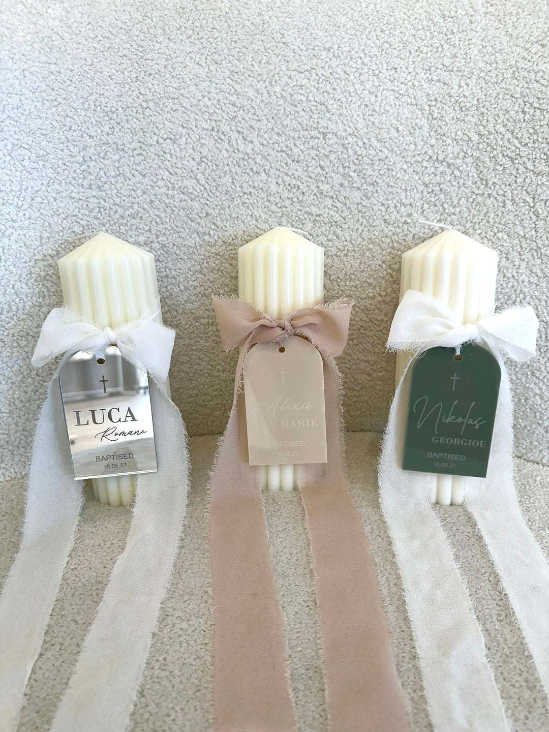 Catholic Ribbed Candle with Personalised Acrylic Tag PBRC10