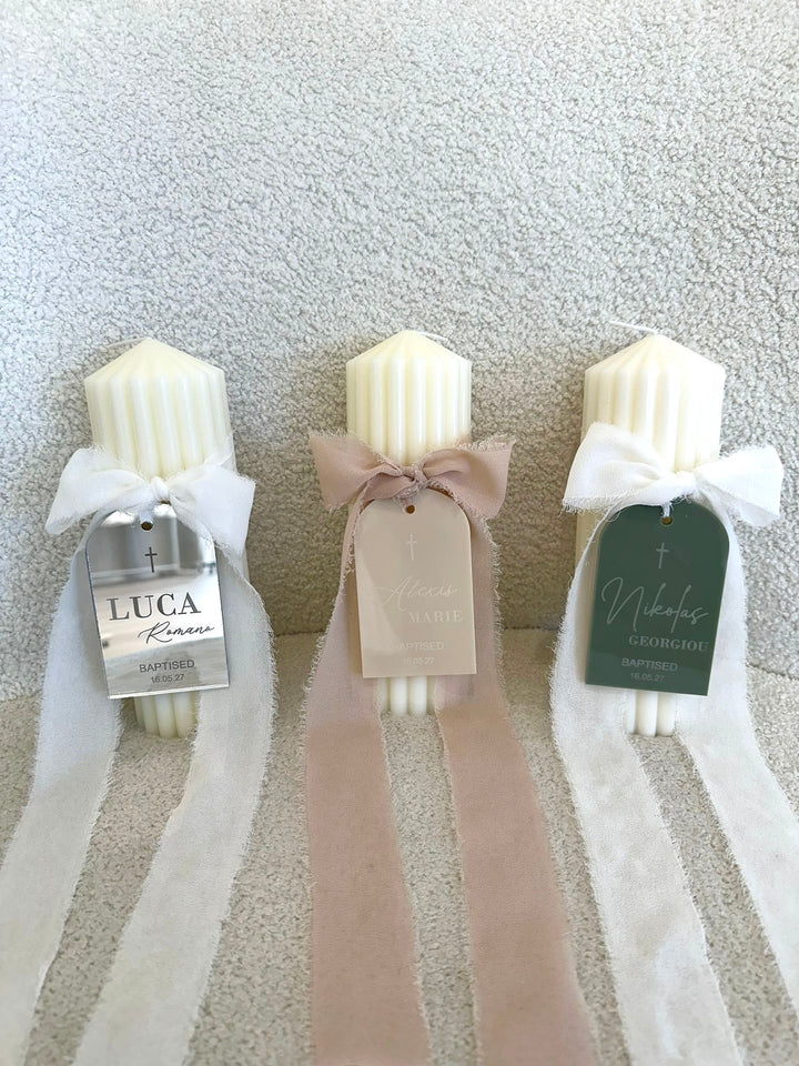 Catholic Ribbed Candle with Personalised Acrylic Tag PBRC10