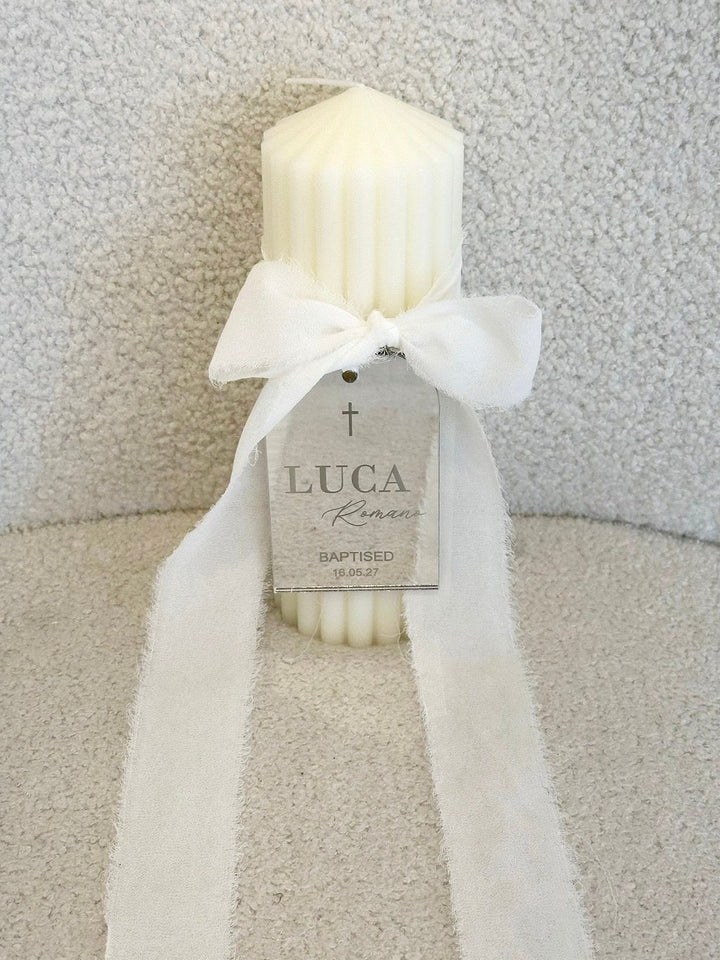 Catholic Ribbed Candle with Personalised Acrylic Tag PBRC10